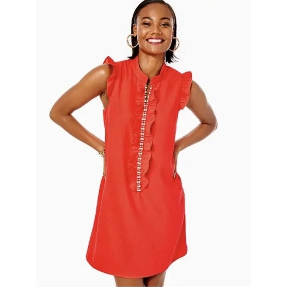 Lilly Pulitzer Adalee Shift Dress Ruby Red Pearl Accents Size 14 NWT